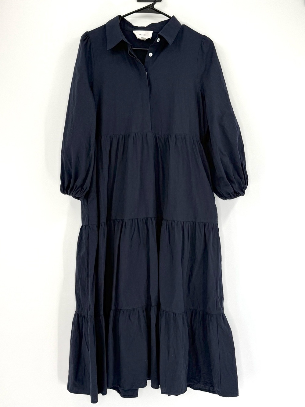 Pomander Place Mabel 100% Cotton Puff Sleeve Midi Maxi Dress, Navy Blue, Size M - Picture 9 of 13